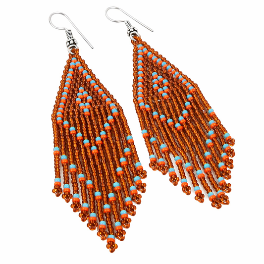 Handmade Brown Seed Bead Fringe Earrings with Turquoise & Coral Accents