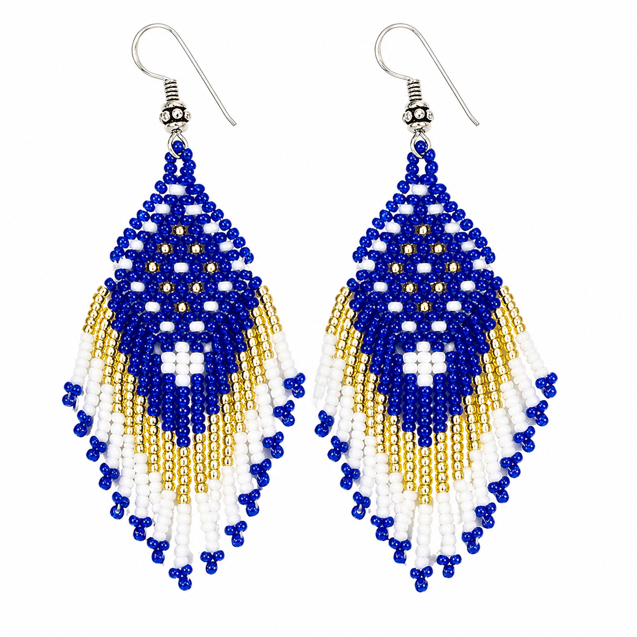 Blue & Gold Beaded Fringe Earrings – 3 Inch Handmade Dangle