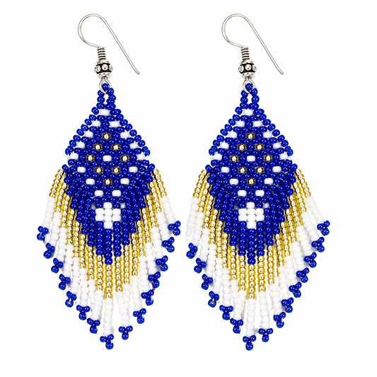Blue & Gold Beaded Fringe Earrings – 3 Inch Handmade Dangle