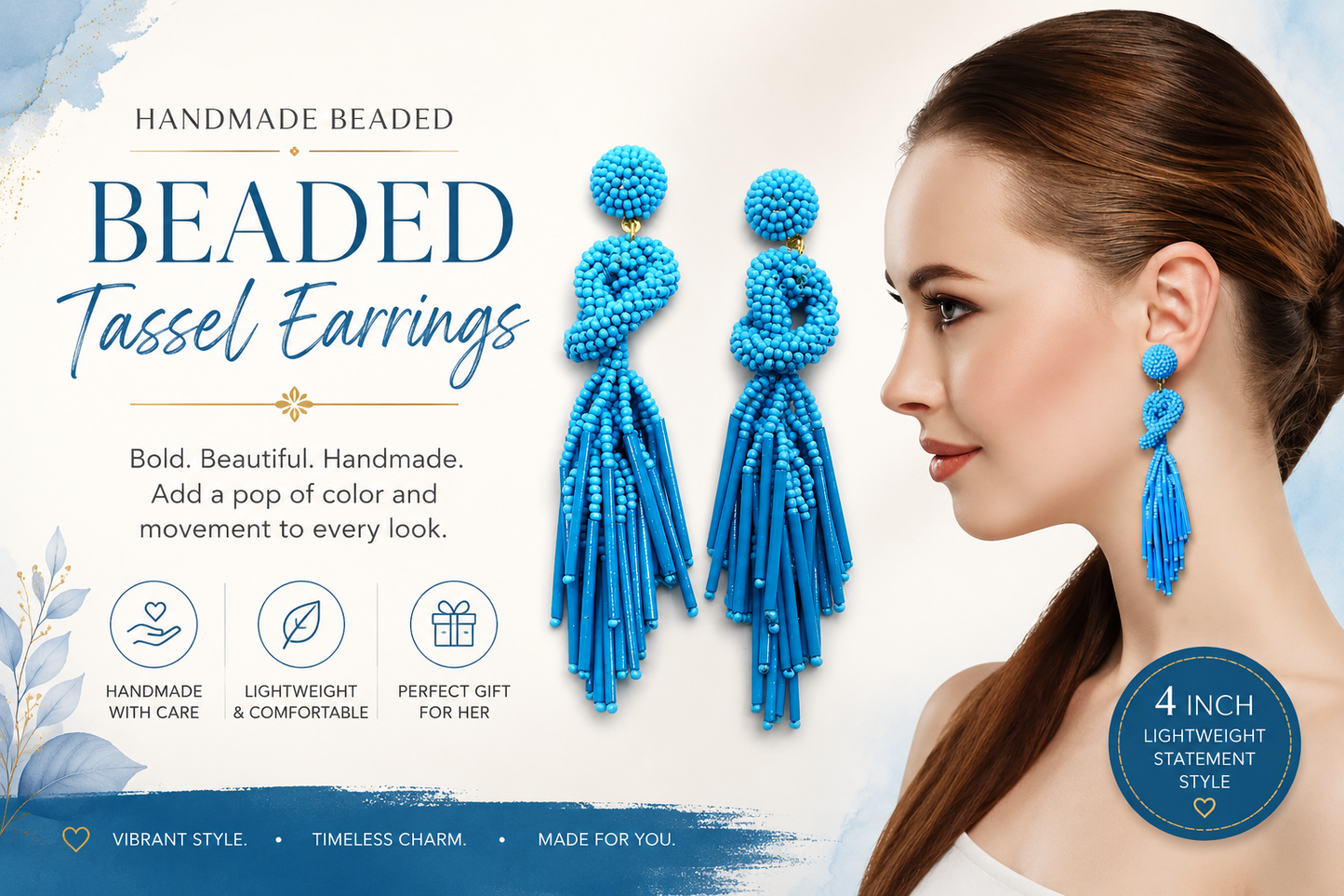 Handmade Beaded Solid Cyan Blue Color Post Statement Earrings for Women All Season - 4 inch Long Dangle with Celtic Knot Design - Czech Seed Beads - Cyan Blue