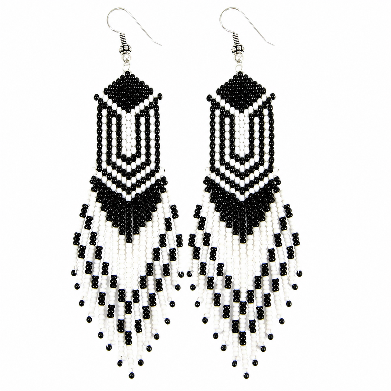 Handcrafted Black & White Beaded Fringe Earrings – 4.2” Statement Dangle, Czech Seed Beads, Lightweight Artisan Jewelry