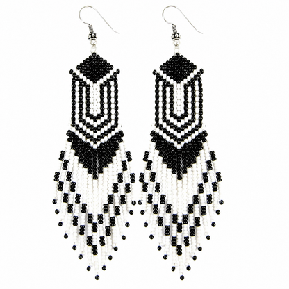 Handcrafted Black & White Beaded Fringe Earrings – 4.2” Statement Dangle, Czech Seed Beads, Lightweight Artisan Jewelry