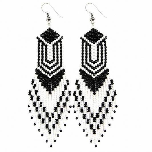 Handcrafted Black & White Beaded Fringe Earrings – 4.2” Statement Dangle, Czech Seed Beads, Lightweight Artisan Jewelry