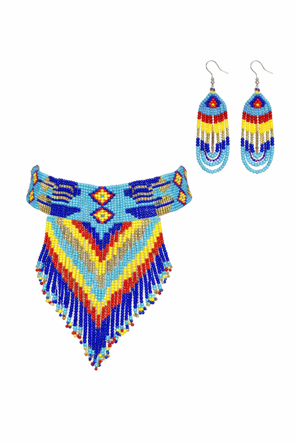 Cyan Blue Multi-Color Beaded Choker Necklace Earrings Set