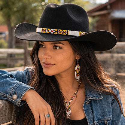 Handmade Beaded Hatband – Slim Czech Seed Bead Western Hat Band, Adjustable Leather Tie (Yellow White Red)