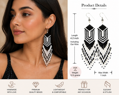 Handcrafted Black & White Beaded Fringe Earrings – 4.2” Statement Dangle, Czech Seed Beads, Lightweight Artisan Jewelry