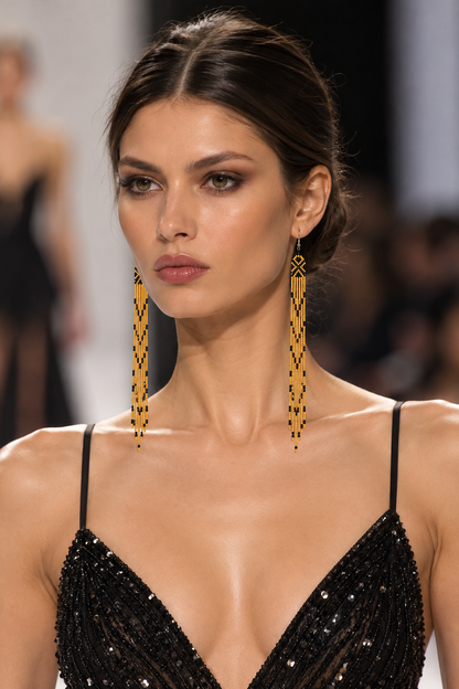 Long Gold & Black Beaded Fringe Earrings – Geometric, 8-Inch Statement Dangles