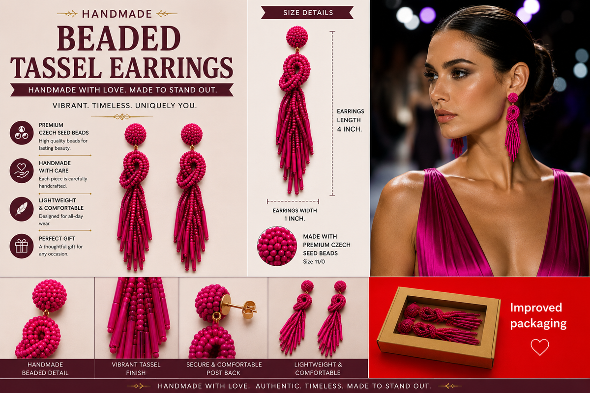 Handmade Beaded Solid Color Fuchsia Post Statement Earrings for Women All Season - 4 inch Long Dangle with Celtic Knot Design - Czech Seed Beads - Fuchsia