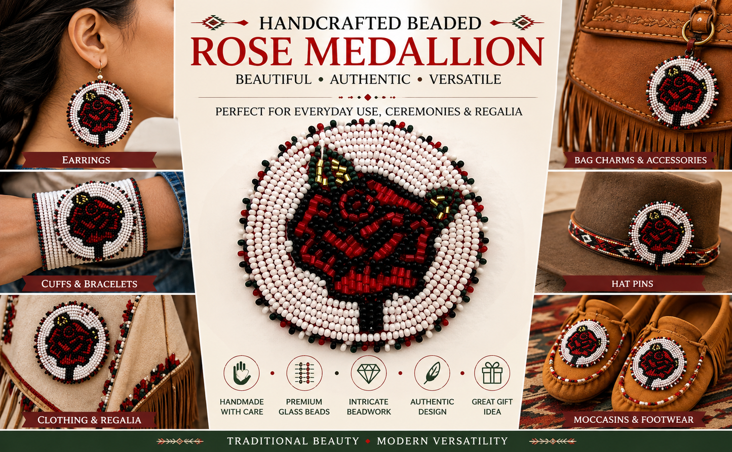 Handmade Beaded Rosette Red Rose 2.7 inch