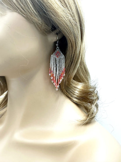 Handmade Beaded Clear Peach Drop/Dangle Earrings - Czech Beads Size 11/0 - 3.5" Length