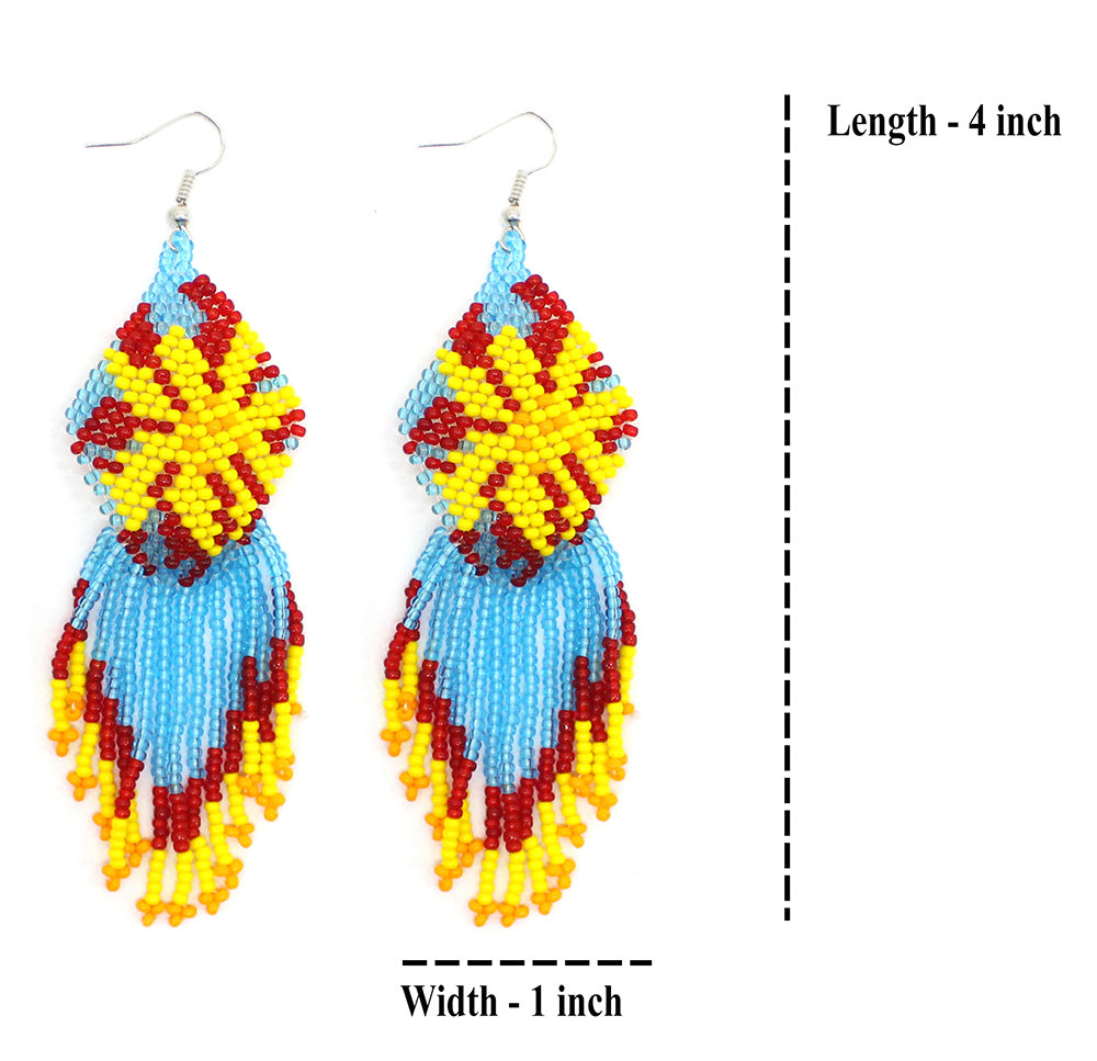 Handmade Cyan Blue Yellow Beaded Flower Pattern Hook Earrings