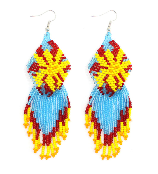 Handmade Cyan Blue Yellow Beaded Flower Pattern Hook Earrings