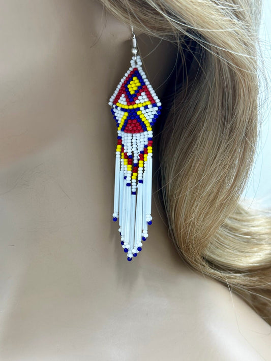 Handmade Beaded Hook Dangle Earrings in White, Red, Blue Colors