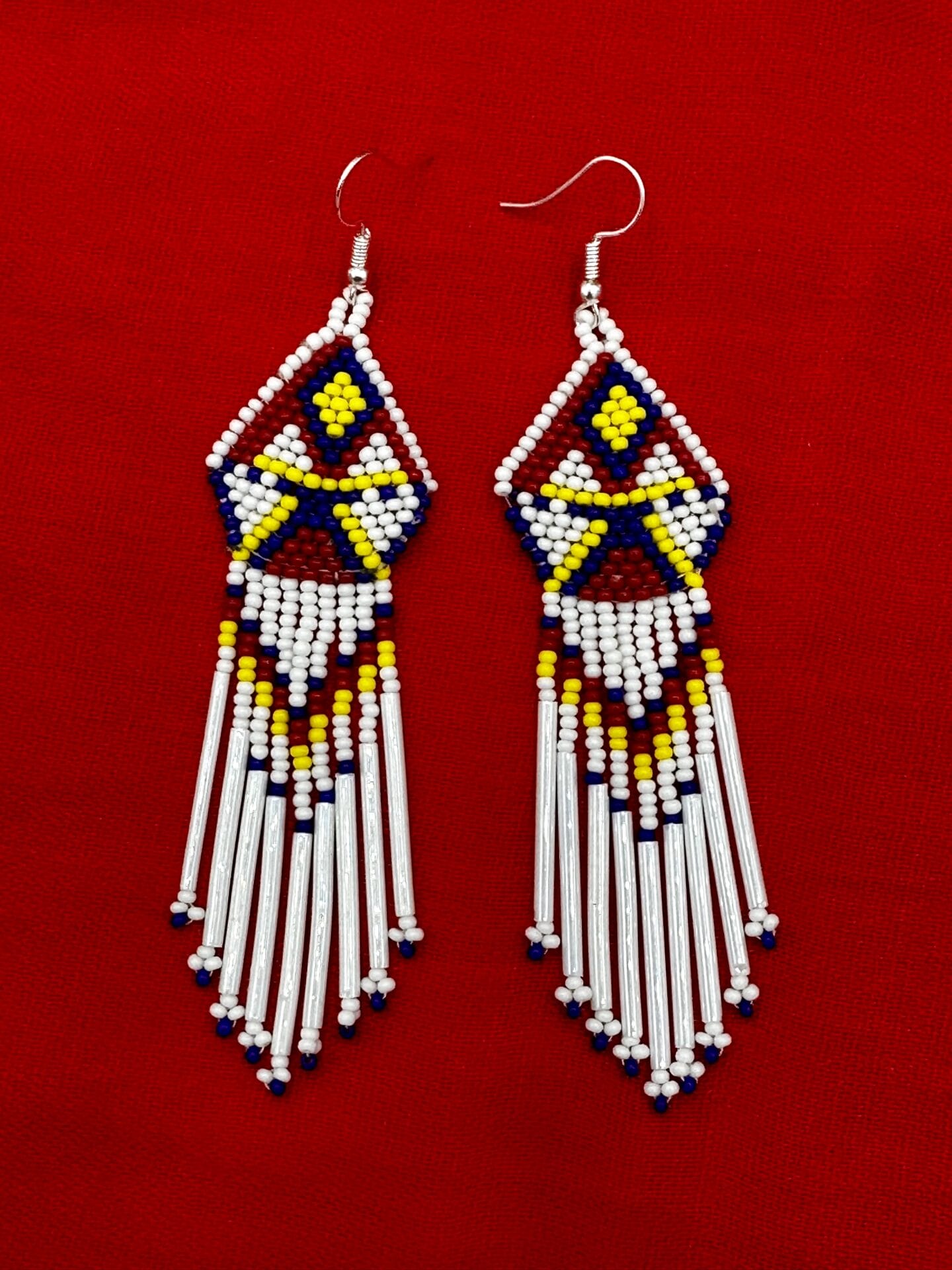 Handmade Beaded Hook Dangle Earrings in White, Red, Blue Colors