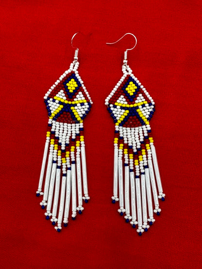 Handmade Beaded Hook Dangle Earrings in White, Red, Blue Colors