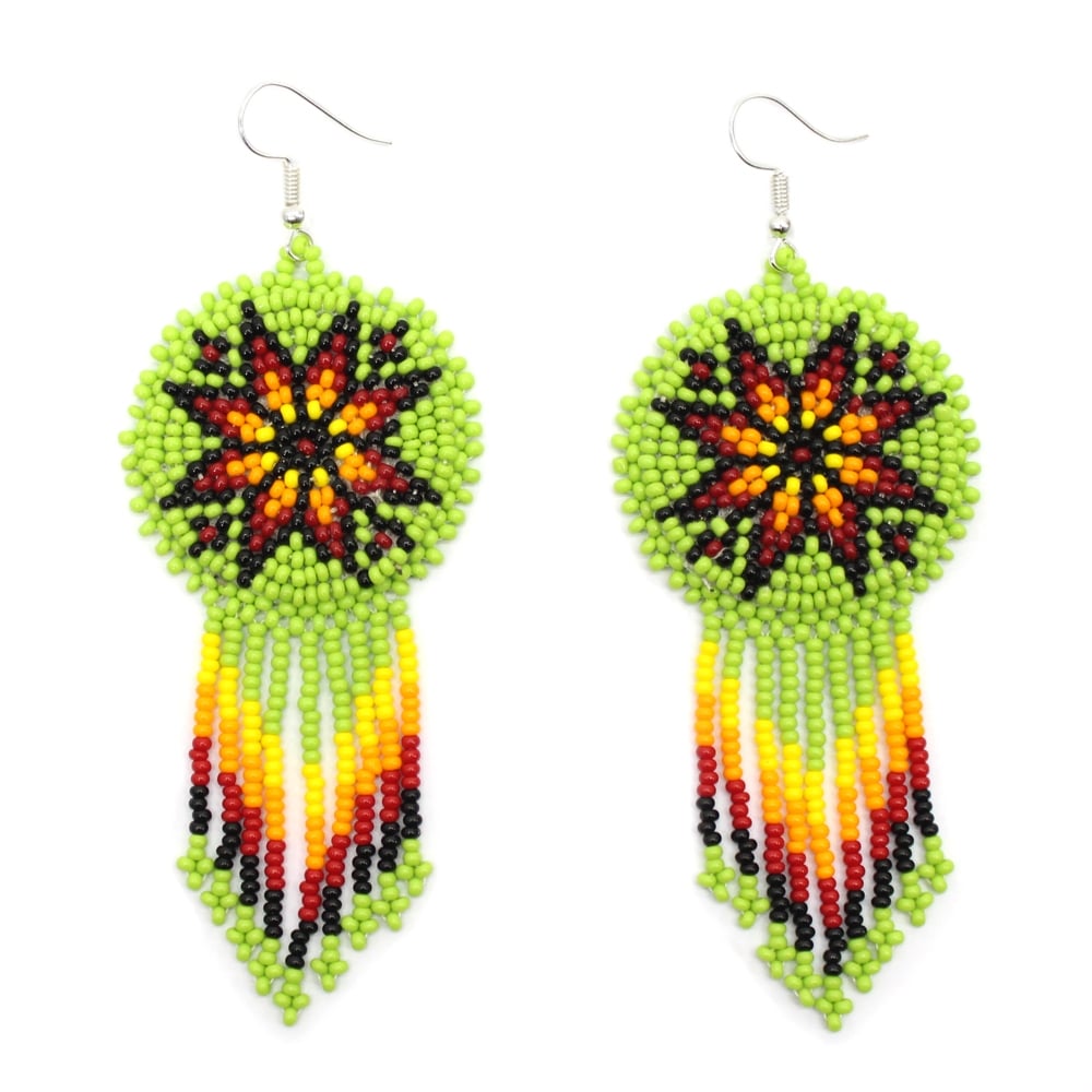 Handmade Beaded Green Fire Color Flower Round Fringe Hook Earrings