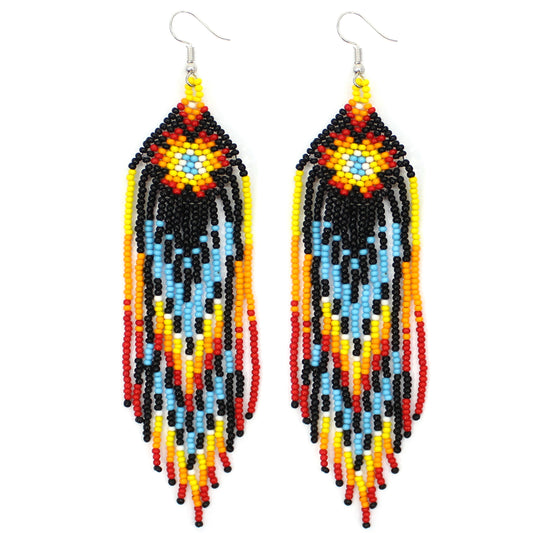 Handmade Beaded Native Style Black Star Sun Color Hook Earrings