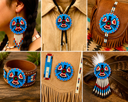 Cyan Blue Red Thunderbird Handmade Beaded Rosette