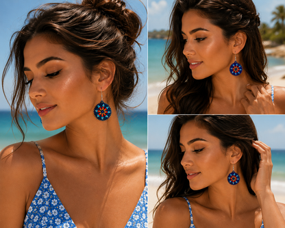Blue Mandala Beaded Earrings – Handmade Czech Seed Bead Round Dangle Earrings | BeadsCorner
