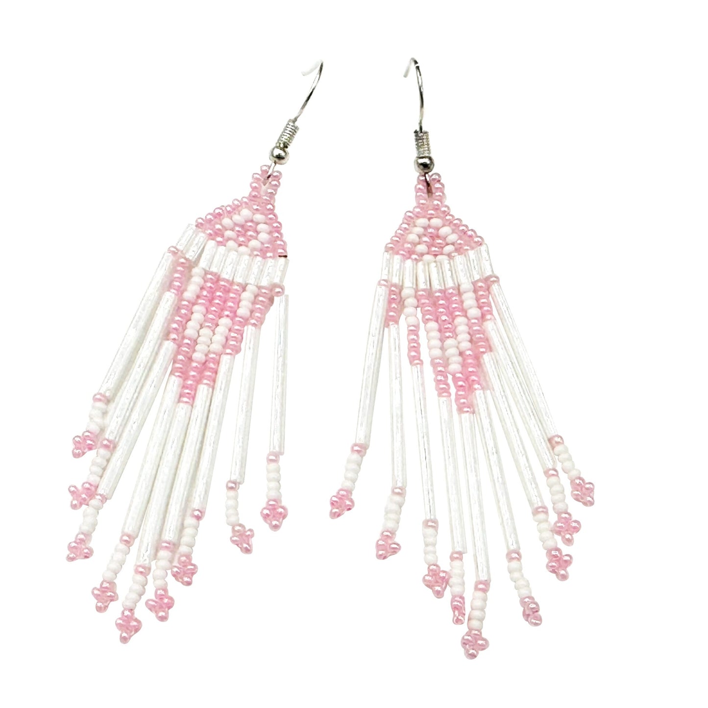 Handmade White Pink Beaded Hook Earrings with Czech Seed Beads, Lightweight Design