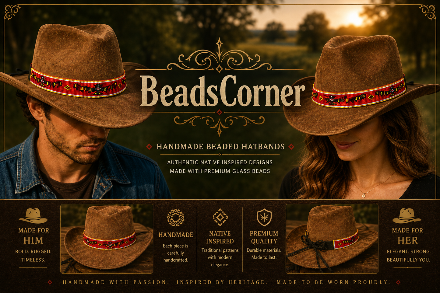 Handmade Beaded Native style Red Black Eagle Cowboy Hatband