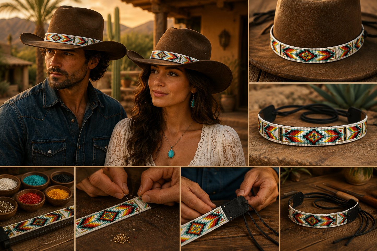 White Red Orange Native-Inspired Western Hatband with Leather Ties