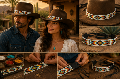 White Red Orange Native-Inspired Western Hatband with Leather Ties