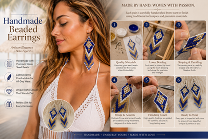 Handmade Blue Golden White Turtle Beaded Fringe Earrings with Steel Finish