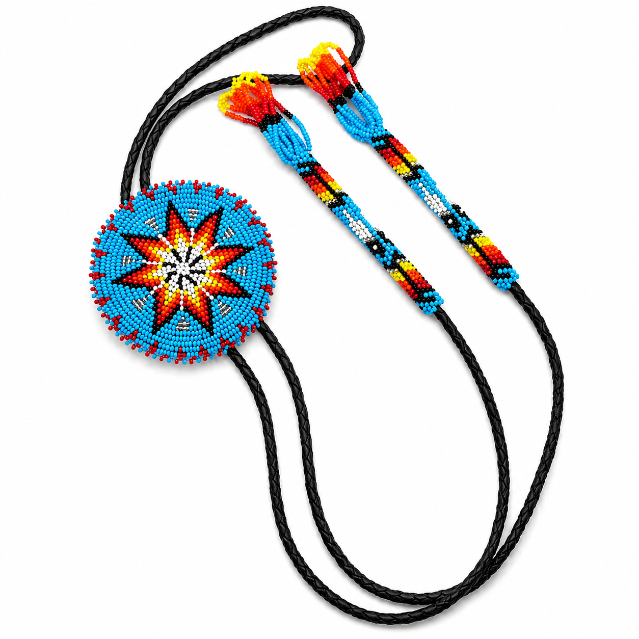 Handcrafted Cyan Blue Seed Beaded leather Bolo Tie with Star Pattern