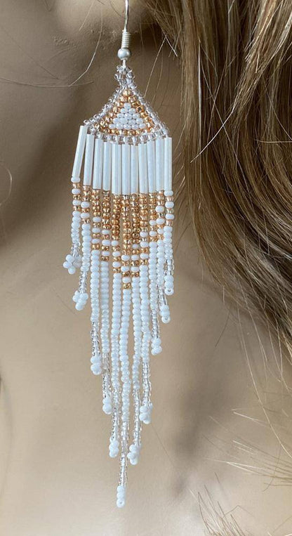 Handmade Beaded Native Style White Gold Hook Earrings