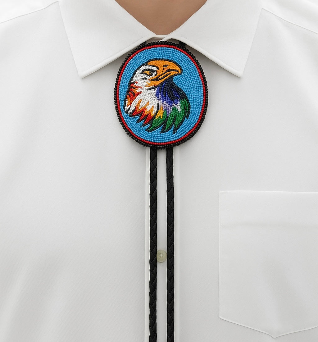 Handmade beaded Cyan Blue Eagle Black Leather Bolo Tie