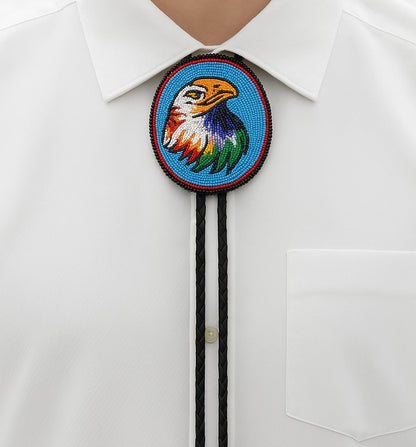 Handmade beaded Cyan Blue Eagle Black Leather Bolo Tie