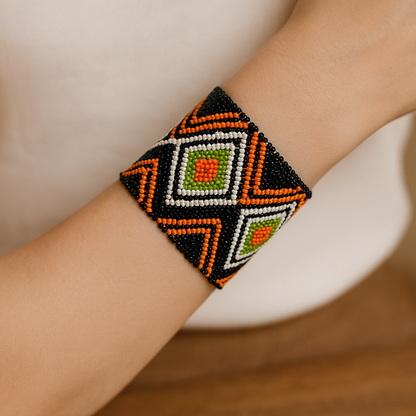 Handmade Geometric Beaded Cuff Bracelet – Black, Orange & Lime Green