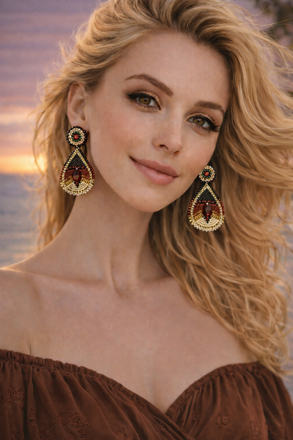 Handmade Beaded Teardrop Shape Post Earrings 3 Inches Long, 1.5 Inch Wide - Brown Cream