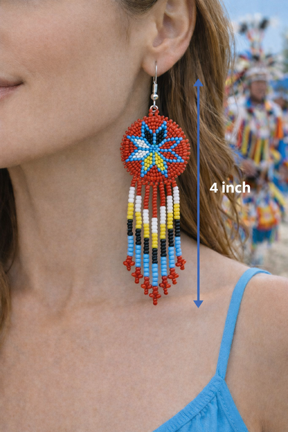 Handmade Beaded Red 4 Directions Color Round Fringe Hook Earrings