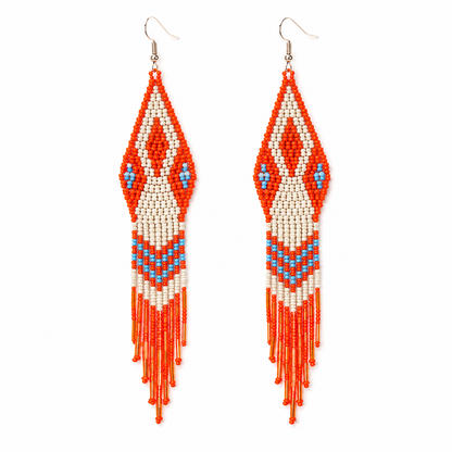 Handmade Beaded Orange/Peach Seed Bead Earrings with Fringes - Czech Beads