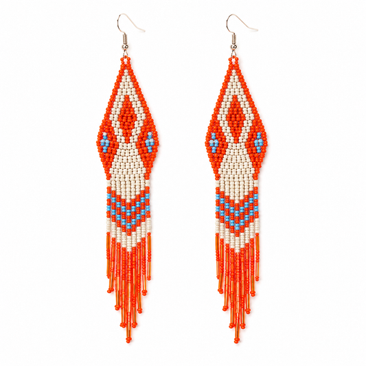 Handmade Beaded Orange/Peach Seed Bead Earrings with Fringes - Czech Beads