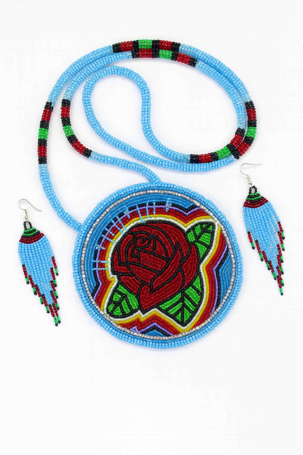 Red Rose Blue Beaded Pendant Necklace & Earrings Set
