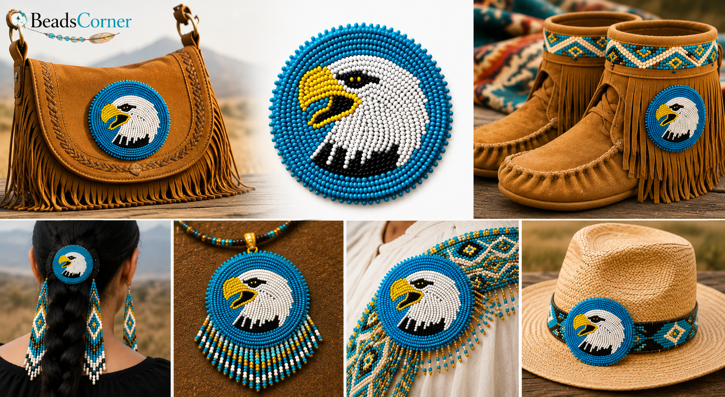 New Handmade Blue White Bald Eagle Beaded Craft Appliques Rosette 2.5 inch