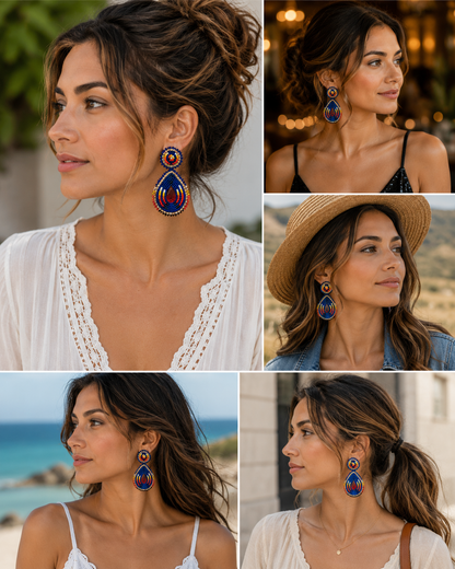 Handmade Beaded Teardrop Post Earrings with Czech Seed Beads - 3 Inches Long, 1.5 Inch Wide - Deep Blue