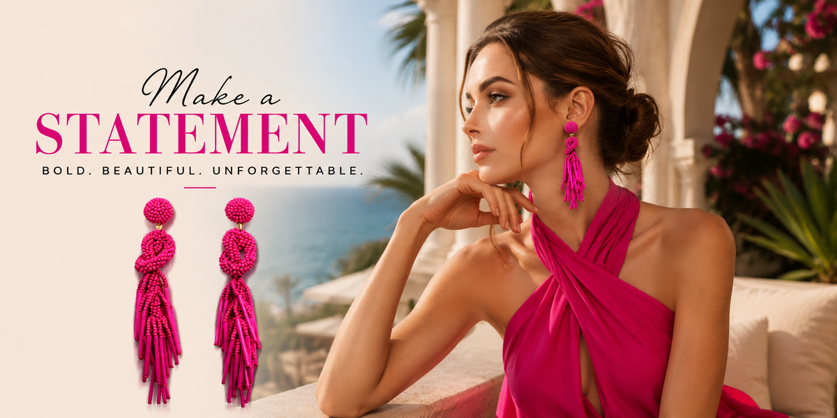 Handmade Beaded Solid Color Fuchsia Post Statement Earrings for Women All Season - 4 inch Long Dangle with Celtic Knot Design - Czech Seed Beads - Fuchsia
