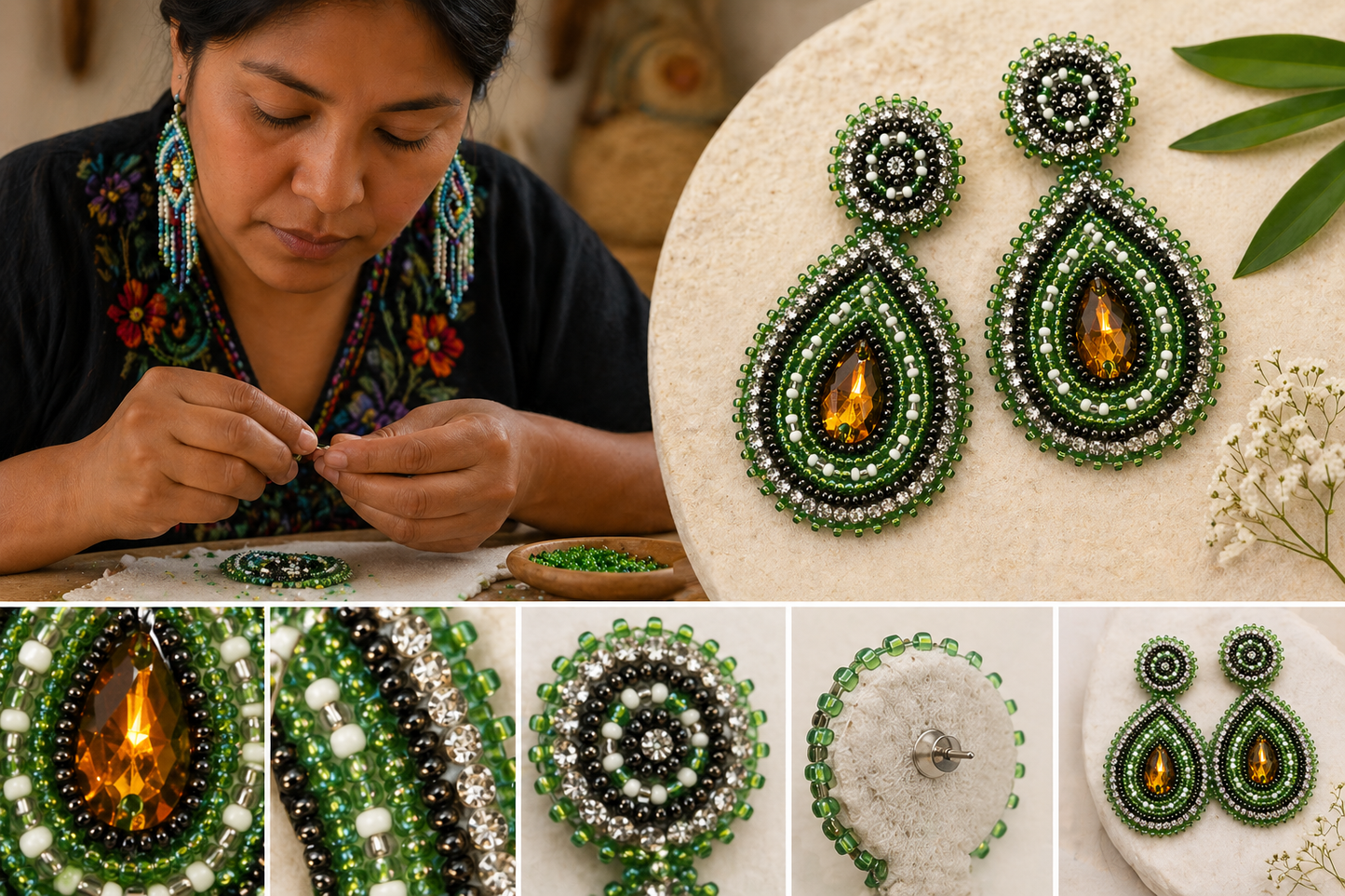 Handmade Beaded Teardrop Shape Post Earrings with Czech Seed Beads - 3 Inches Long, 1.5 Inch Wide - Green
