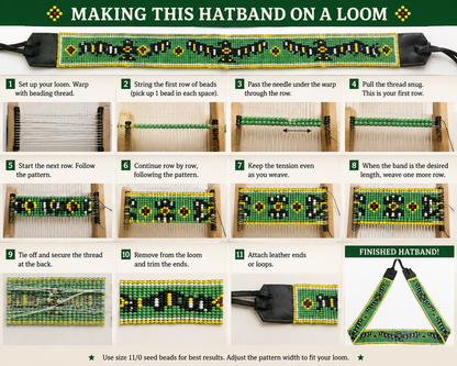 Handmade Czech Seed Bead Adjustable Hat Band – Green Western Hatband with Yellow and Black