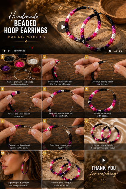 Handmade Native Style 3 Inch Hoop Earrings with Czech Seed Beads - Black Pink