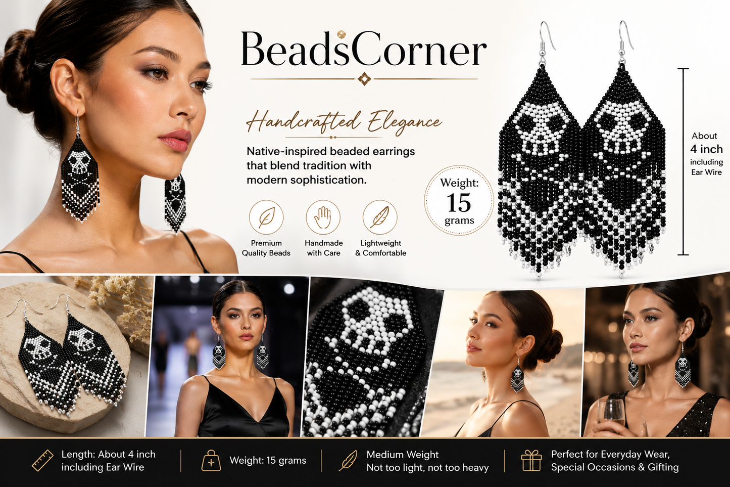 Handmade Skull Beaded Fringe Earrings – Czech Seed Beads 11/0 – Black & White Statement Earrings – 4 Inch Long – 15g – BeadsCorner