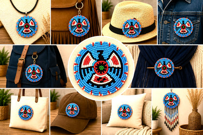 Cyan Blue Red Thunderbird Handmade Beaded Rosette