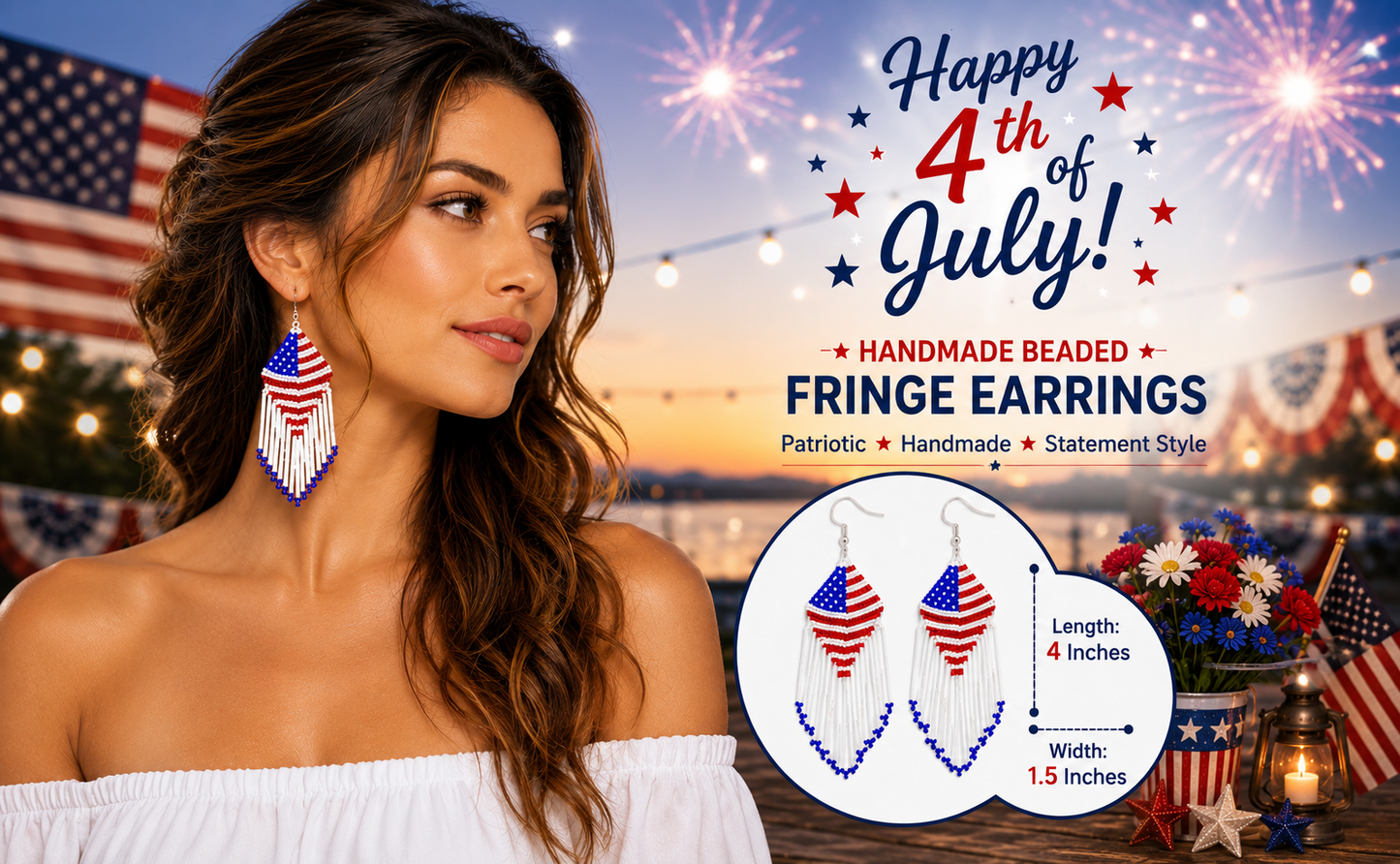 Handcrafted American Patriotic Red Blue White Seed Bead Earrings