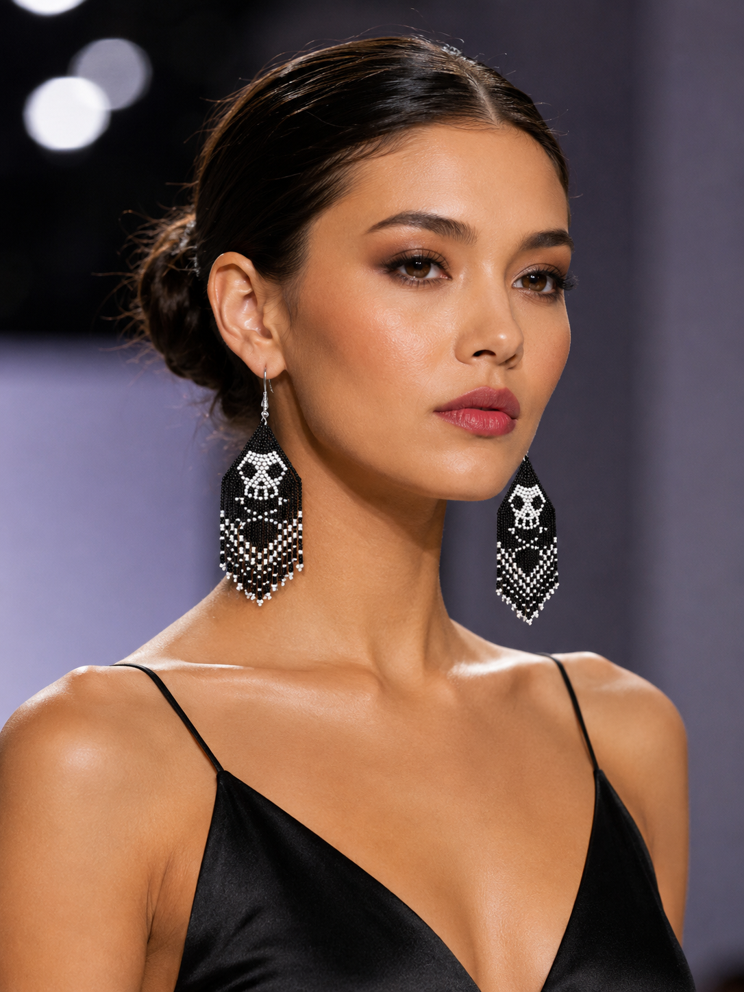 Handmade Skull Beaded Fringe Earrings – Czech Seed Beads 11/0 – Black & White Statement Earrings – 4 Inch Long – 15g – BeadsCorner