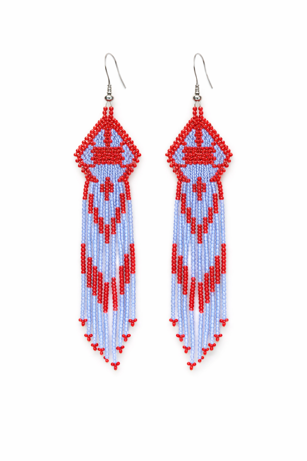 Handmade Beaded Fringe Earrings – Red & Light Blue Czech Seed Beads, 4 Inch Long Turtle Earrings, Lightweight Boho