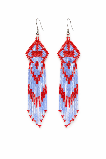 Handmade Beaded Fringe Earrings – Red & Light Blue Czech Seed Beads, 4 Inch Long Turtle Earrings, Lightweight Boho